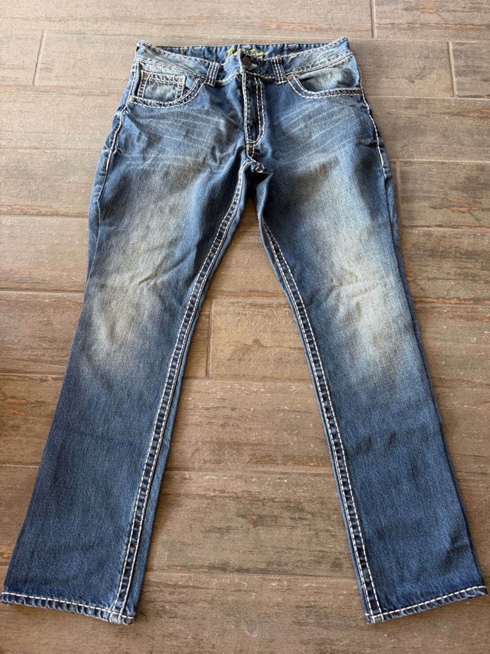 Rock 47 by Wrangler Men's Bootcut Jeans in Washed Blue Denim
